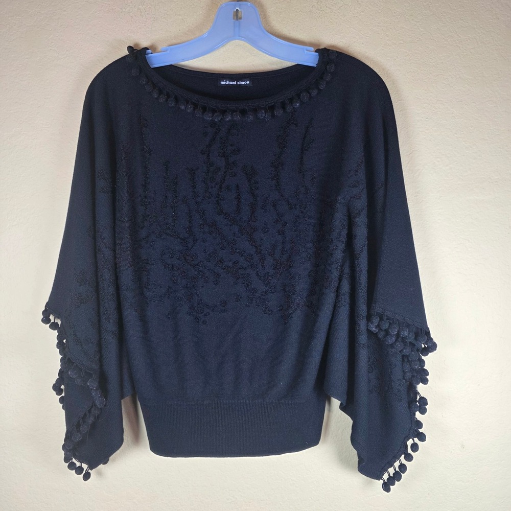 Michael Simon Black whimsigoth witchy Pom-Pom Dolman Sleeve Knit Top Large